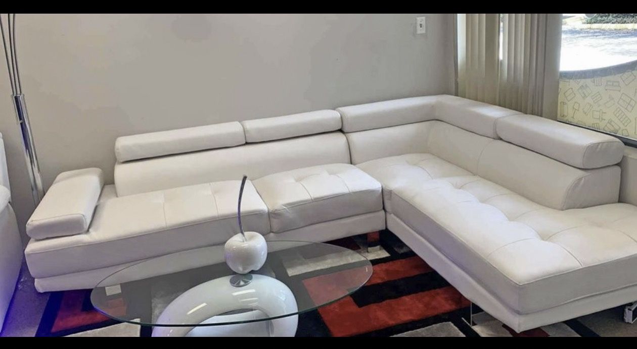 WHITE LEATHER SECTIONAL w/ Adjustable Headrests