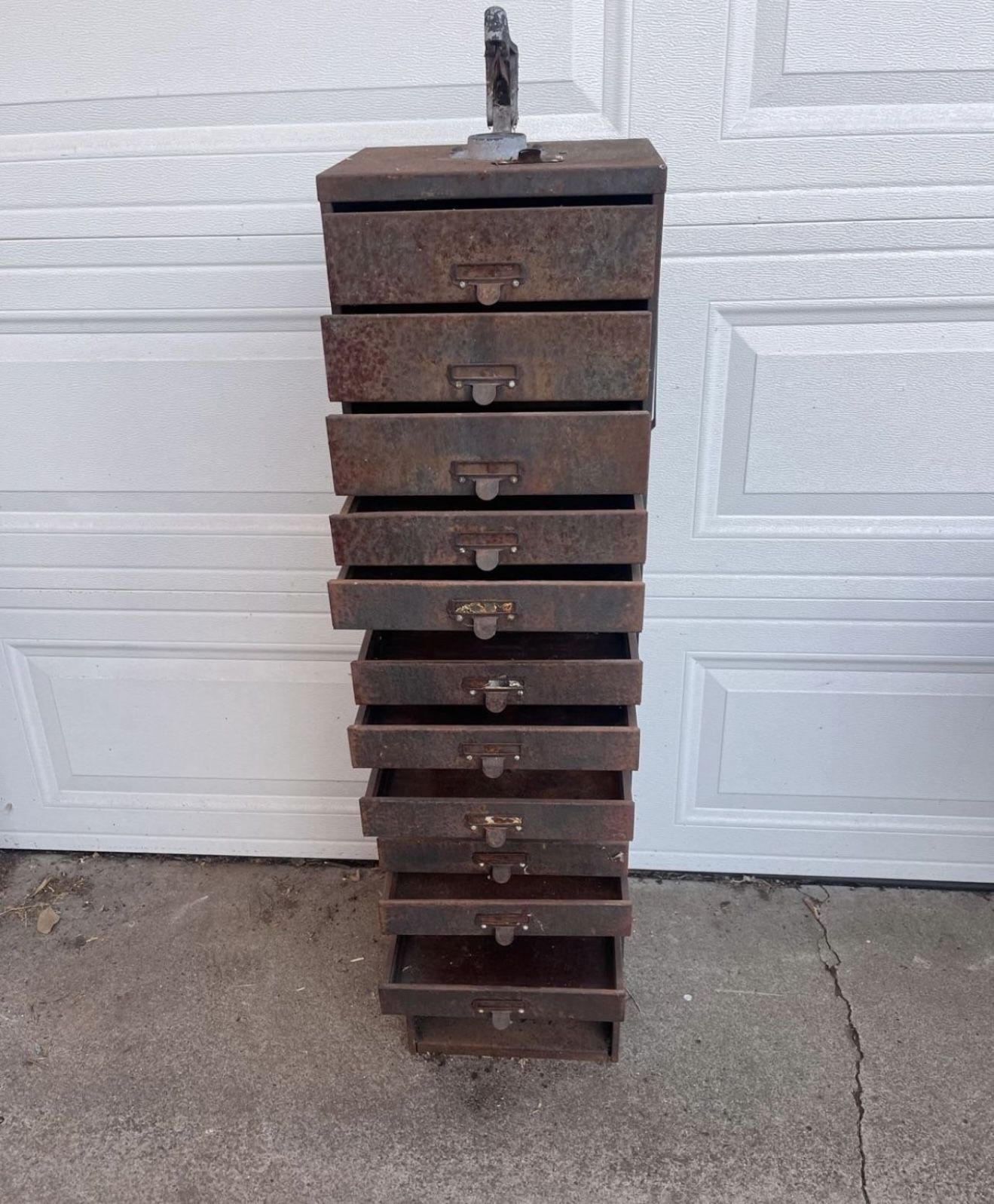 Rare Vintage Watchmaker's Cabinet with Foot Pedal 15 Draws All Open Easily. Working Pedal Height 471/2 “ , Width 10” , Depth 12”