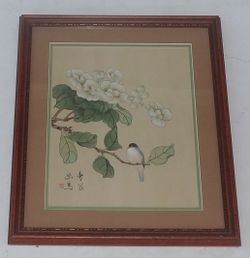 Antique Chinese W. King Amber Silk Water Color Painting