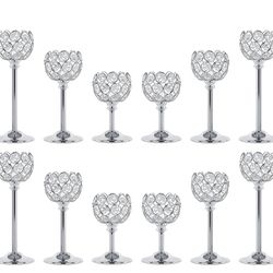 Crystal Candle Holders 4 Set of 12 - Sliver Vintage Hollow Ball Candle Stand for Table Centerpiece, Crystal Metal Tealight Candlestick for Wedding, Di