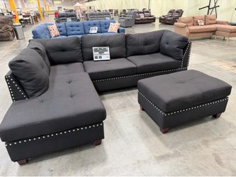 BLACK REVERSIBLE CHAISE SECTIONAL SOFA WITH OTTOMAN AND ACCENT PILLOWS
