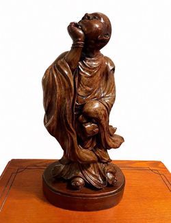 Hand-Carved Chinese Hardwood Monk Statue – Vintage Wood Sculpture