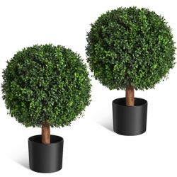 24 in. Artificial Topiary Boxwood Ball Trees, Set of 2 UV Resistant Plants, Faux Boxwood with Pots