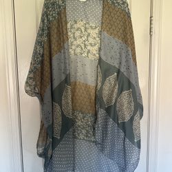 Boho Desert Chic Green Mustard Blue Kimono swim Cover Up Robe Cardigan