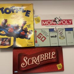 Board Game Lot of 3: Monopoly, Topple and Scrabble 