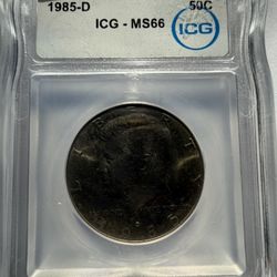 1985-D Kennedy Half Dollar 50C – ICG MS66 – Brilliant Uncirculated U.S. Coin