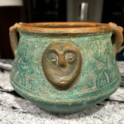 Unique Clay Green Vase With Faces / Flower Pot 