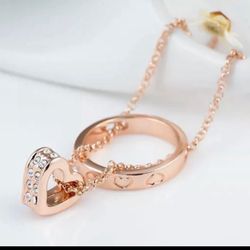 18k Rose Gold Plated CZ Diamond Circle Heart Pendant Charm Necklace