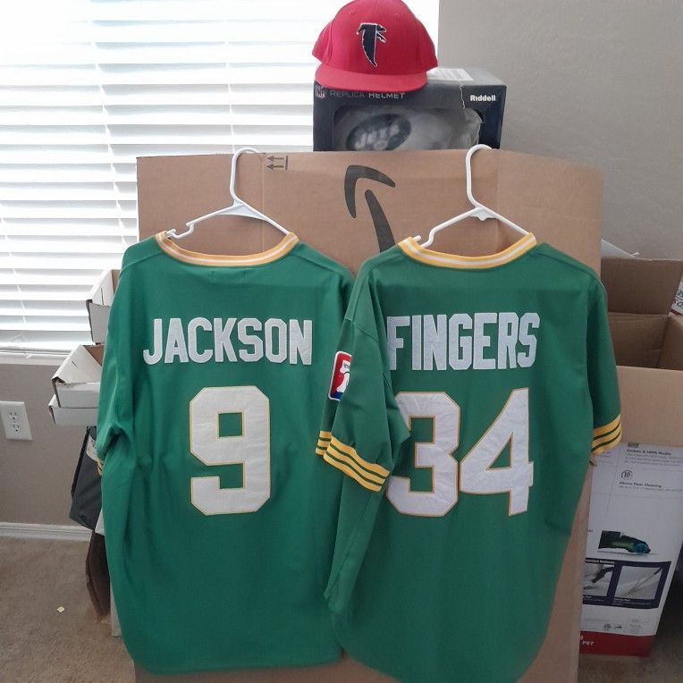 Atlanta Falcons Fitted Hat $15, Reggie Jackson Or Rollie Fingers Oakland A's Jerseys $45-$55 Each See All Photos