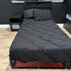 Twin Black Metal Bed Frame, Mattress, Bedding, With LED Lighting
