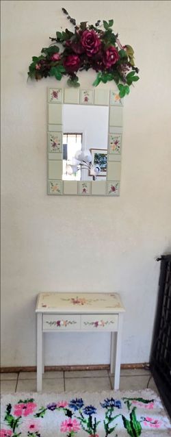 Entry way table with matching mirror and flowers  hand painted with drawer