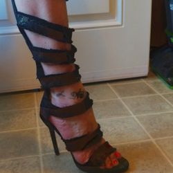 Strappy Black-Ish Denim High-Heels