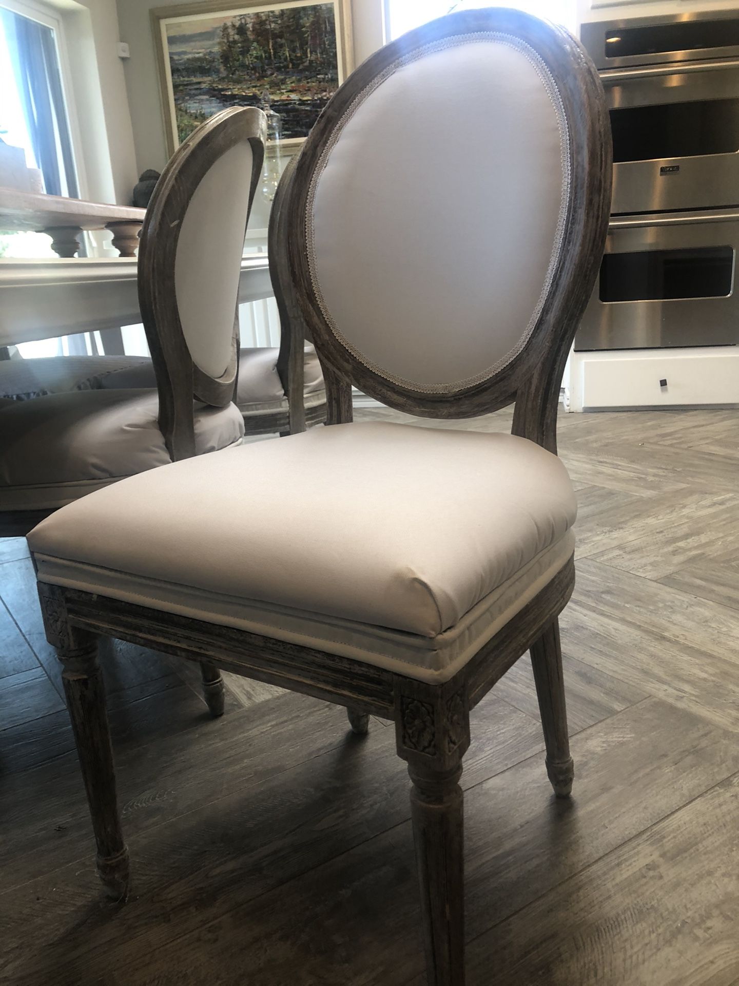 Custom Farmhouse Style Drexel Heritage dinning table and six chairs covered in white sunbrella material