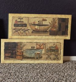 PAIR OF VINTAGE-STYLE BATHROOM WALL ART – 19" × 8"