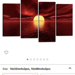 Wieco Art Large4 Piece Canvas Prints Wall Art Red Sea Pictures Sun Paintings Ready to Hang Modern Stretched Seascape Ocean Beach Artwork for Living Ro
