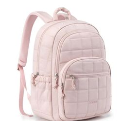 BAGSMART College Laptop Backpack, Travel Laptop Backpack for Women, Quilted Casual Daypack, Water-Resistant Bookbag for 15.6 Inch Laptop, Pink
