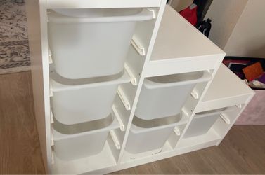 White Storage Unit with Plastic Bins
