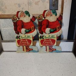 2 Vintage Advertising Display Cardboard Stand-ups Merry Xmas Rock Creek Ginger Ale 40s/50s 