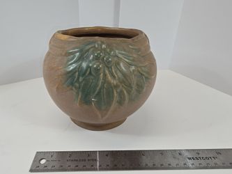 Vintage 6 Inch Vase With Matte Finish Featuring Leaf Relief Design In Green And Tan