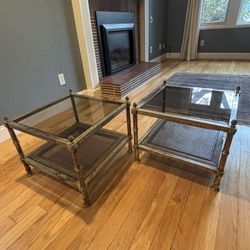 Midcentury Maison Jansen French Neoclassical Gilt Metal, Wicker and Smoked Glass End Tables