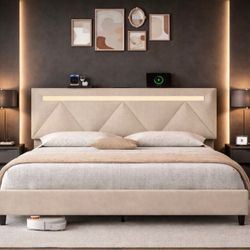 Beige King Size Bed Frame W/ LED Lights 