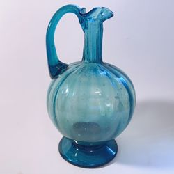 Beautiful Mid Century Modern Hand Blown Teal Glass Carafe, Pitcher, or Vase