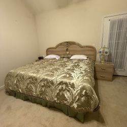 Elegant King Size Bed with mirror, dresser, chest, two nightstands and mattress