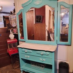 Absolutely Gorgeous  Unique Antique Turquoise Mirrored Buffet  Cabinet Only $75 We Can Deliver Can We Deliver 