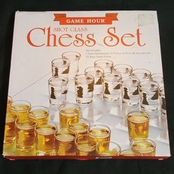 Game Hour Shot Glass Chess Set. Board Measures 13.75X13.75 Inches .