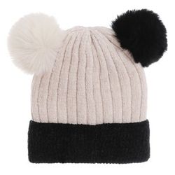 Beige and Black 2-Toned Faux Fur Lined Beanie Pom Pom Hat