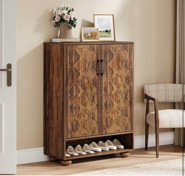 LD0021 43 in. H x 31 in. W Brown Engineered Wood Shoe Storage Cabinet with Doors, Entryway Shoe Cabinet with Adjustable Shelves
