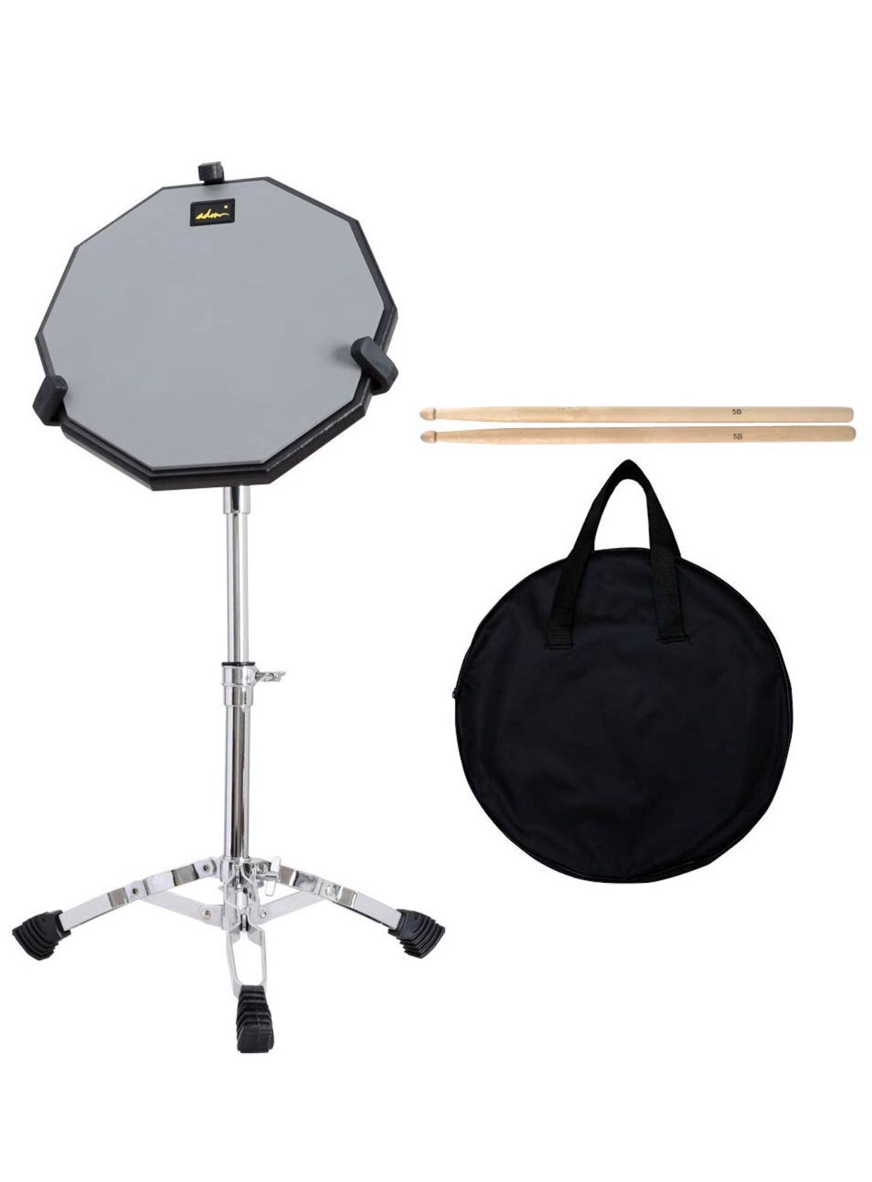 ADM 12" Silent Snare Drum Practice Pad Percussion Set Double Sides Buddle with Stand Sticks Bag, Silver (Silver)