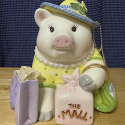 Mud Pie Shopping Fund Piggy Bank Ceramic Figurine Paper In Bag Has broken Leaf