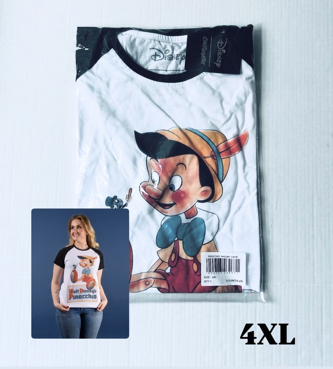 Cakeworthy Disney Pinocchio Raglan T-Shirt Unisex Size 4XL