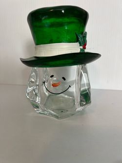 Clear plastic snowman figurine with green top hat adorned with holly,candy or trinket box