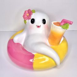 Summerween Pink Flower Ghost Holding a Martini Sitting on a Pool Tube Decor