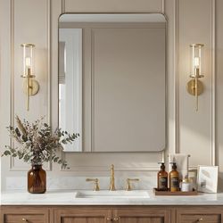 NEW Brushed Gold Rounded Rectangular Mirror - 28" x 36" - $220 Retail - Vertically or Horizontally