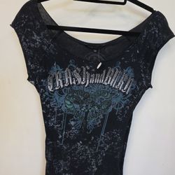 Womens Medium Crash And Burn Blinged Shirt