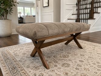 Upholstered Corduroy Entry Bench with Wooden X-Leg Base, Good Condition. Chip on one leg see pics
