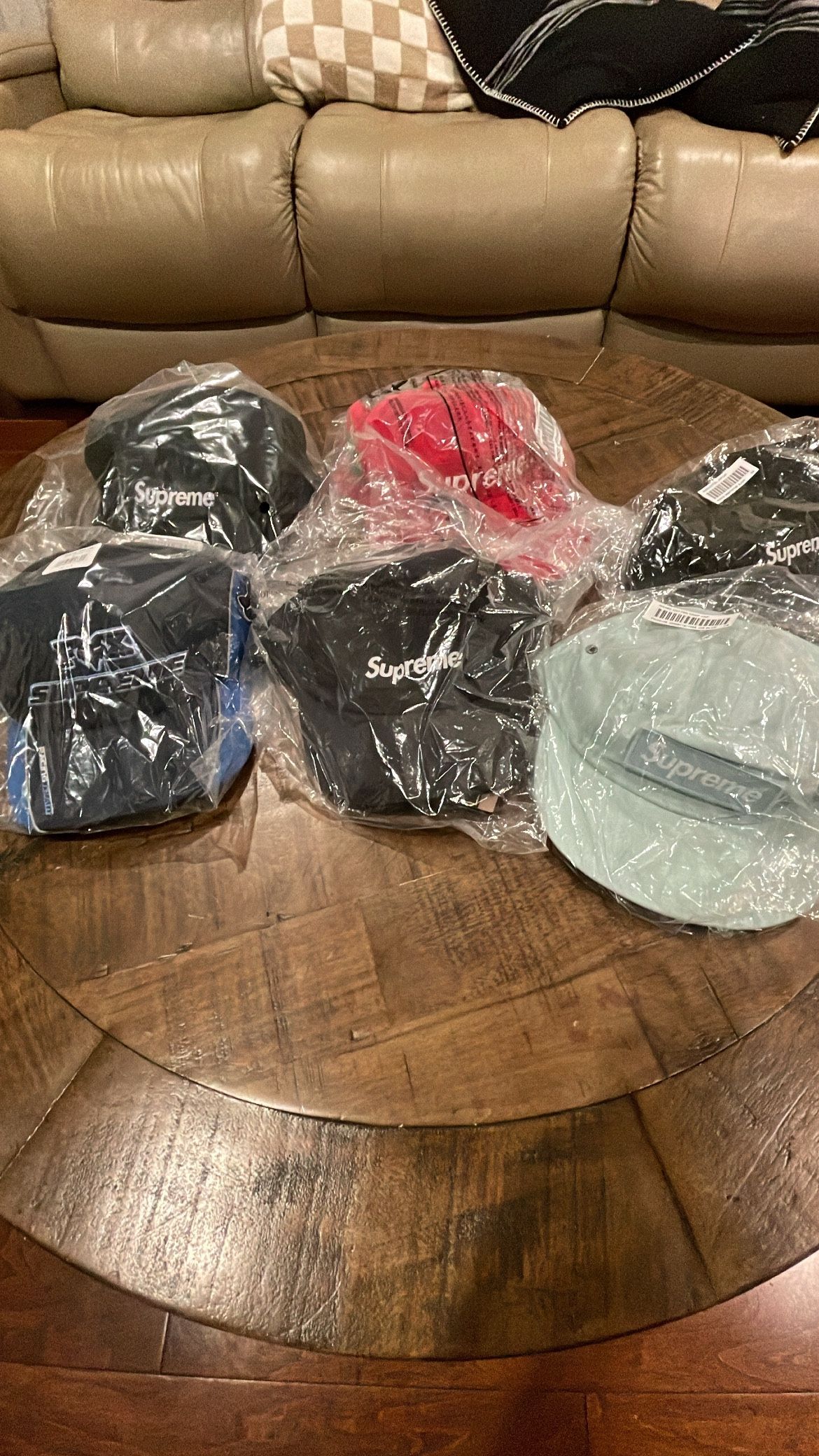 Supreme hats fox camp cap, velour red logo, washed chino.