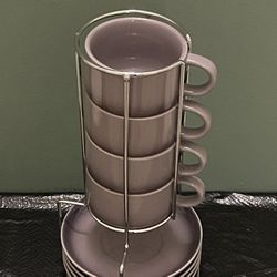 NEW!! 'SWEEJAR' LEAD-FREE 2.5oz. Porcelain Espresso CUPS w/SAUCERS & RACK - posted price is firm.