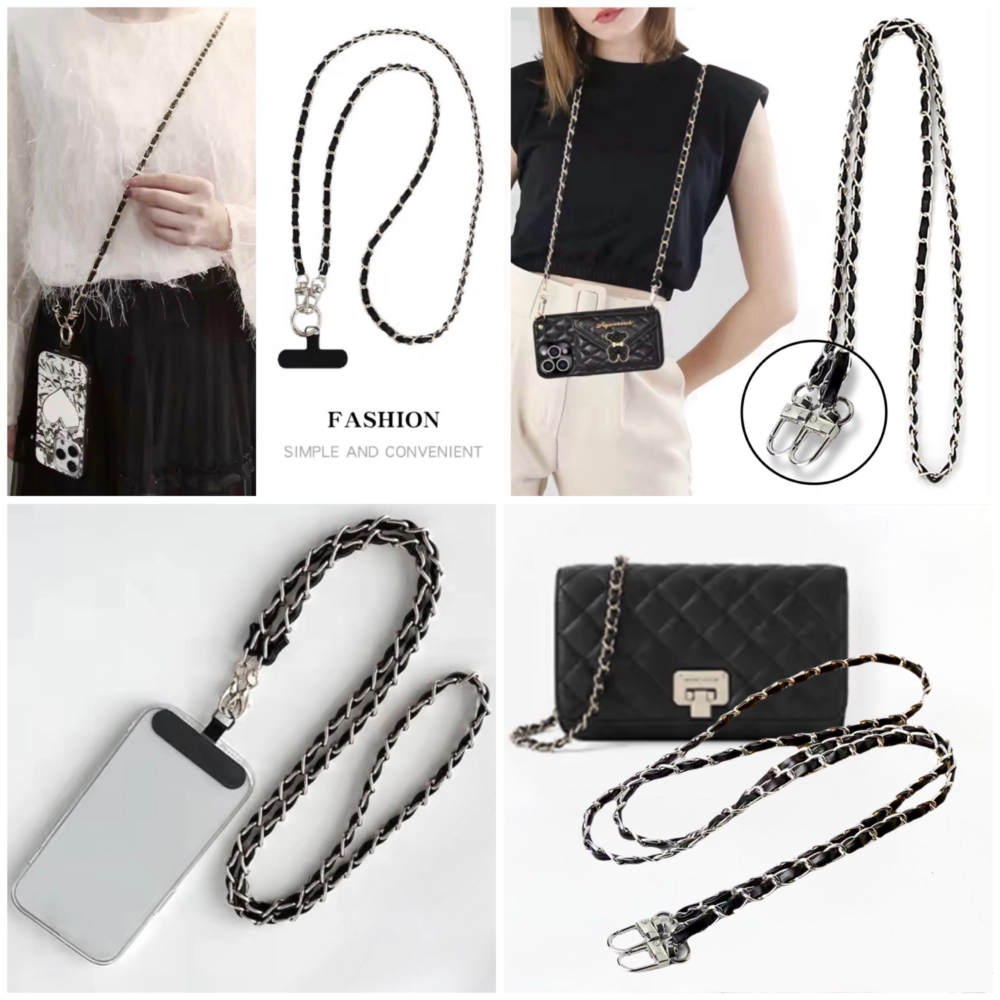 Dual Silver Chain/Blk Leather Handbag Strap or a Stylish Crossbody Phone Lanyard