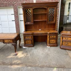 Ethan Allen Vintage Dark Brown Wood Sideboard & Credenza and Hutch. Antique Chippendale Sofa Table Console Carved Ball Claw Legs Three Drawers  