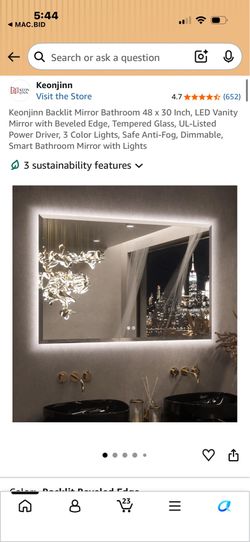 Keonjinn Backlit Mirror Bathroom 48 x 30 Inch, LED Vanity Mirror with Beveled Edge Tempered Glass, UL-Listed Power Driver 3 Color Lights, Safe Anti-Fo