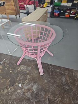 Pink Rattan Round Glass Top Table