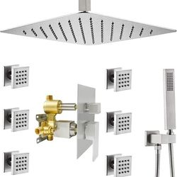 Multi Shower Head System,Ceiling System with Body Jets,16 inch Square Rainfall Head,Handheld Shower,3 Functions Pressure Balance Rough-in Valve(Brushe