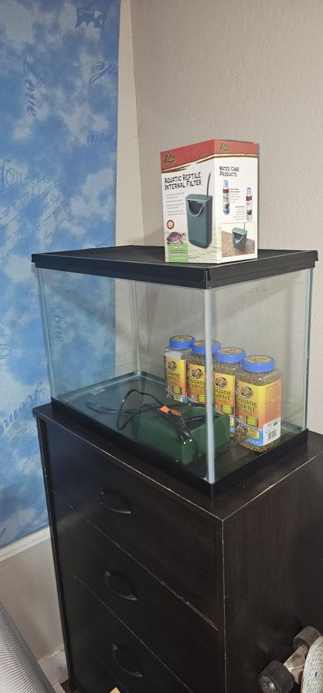 Aquarium With Filter, Cover, And Turtle Food