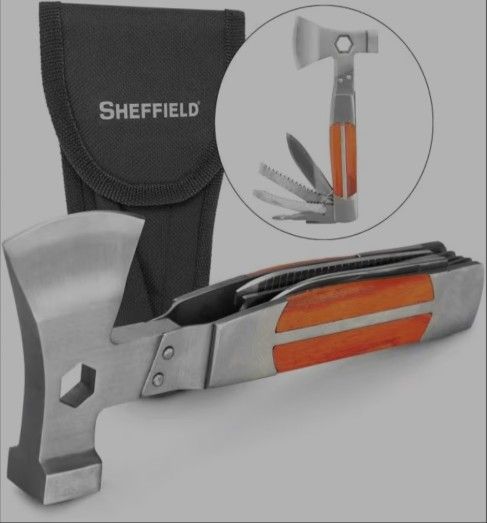 Multitool Versatile 12-in-1 Tool: Tackle campsite setup, hiking tasks, and quick fixes with the Sheffield camping tools, featuring an axe, hammer, Etc