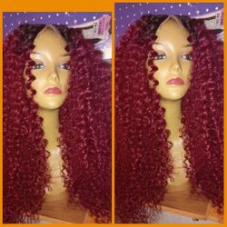26" Ombre Burgundy 2x6 Hd Middle Part Kinky Curly Crochet  Hair Wig 