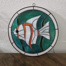 Vintage Stained Glass Tropical Fish Suncatcher, 12" Diameter
